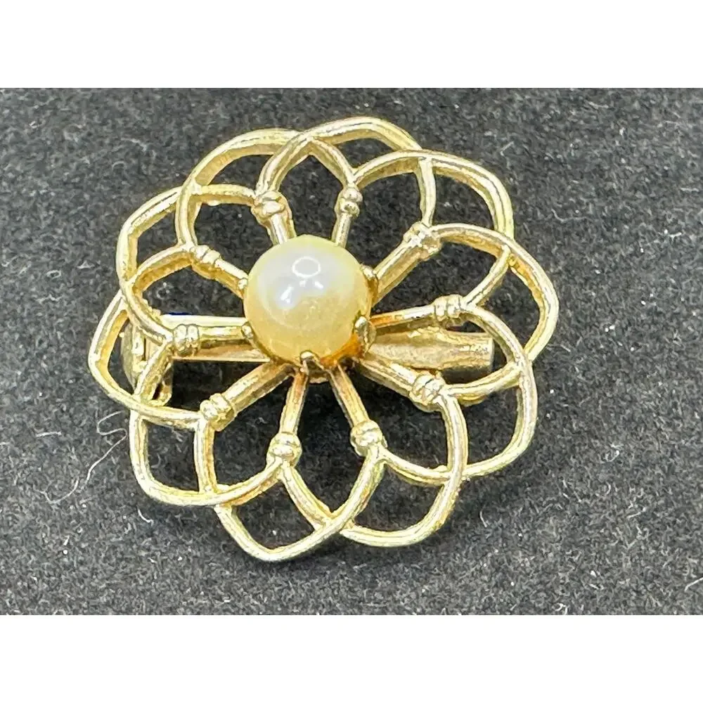 Gold-Tone Floral Pin With Single Pearl Center Vintage Openwork Design Estate